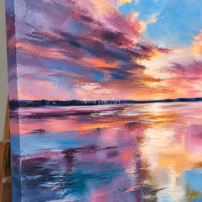 Rosewater Dusk: Impressionist Sunset Lake Wall Art — detail easel