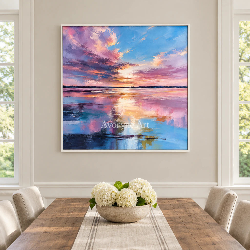 Rosewater Dusk: Impressionist Sunset Lake Wall Art — dining white