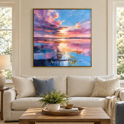 Rosewater Dusk: Impressionist Sunset Lake Wall Art — living gold