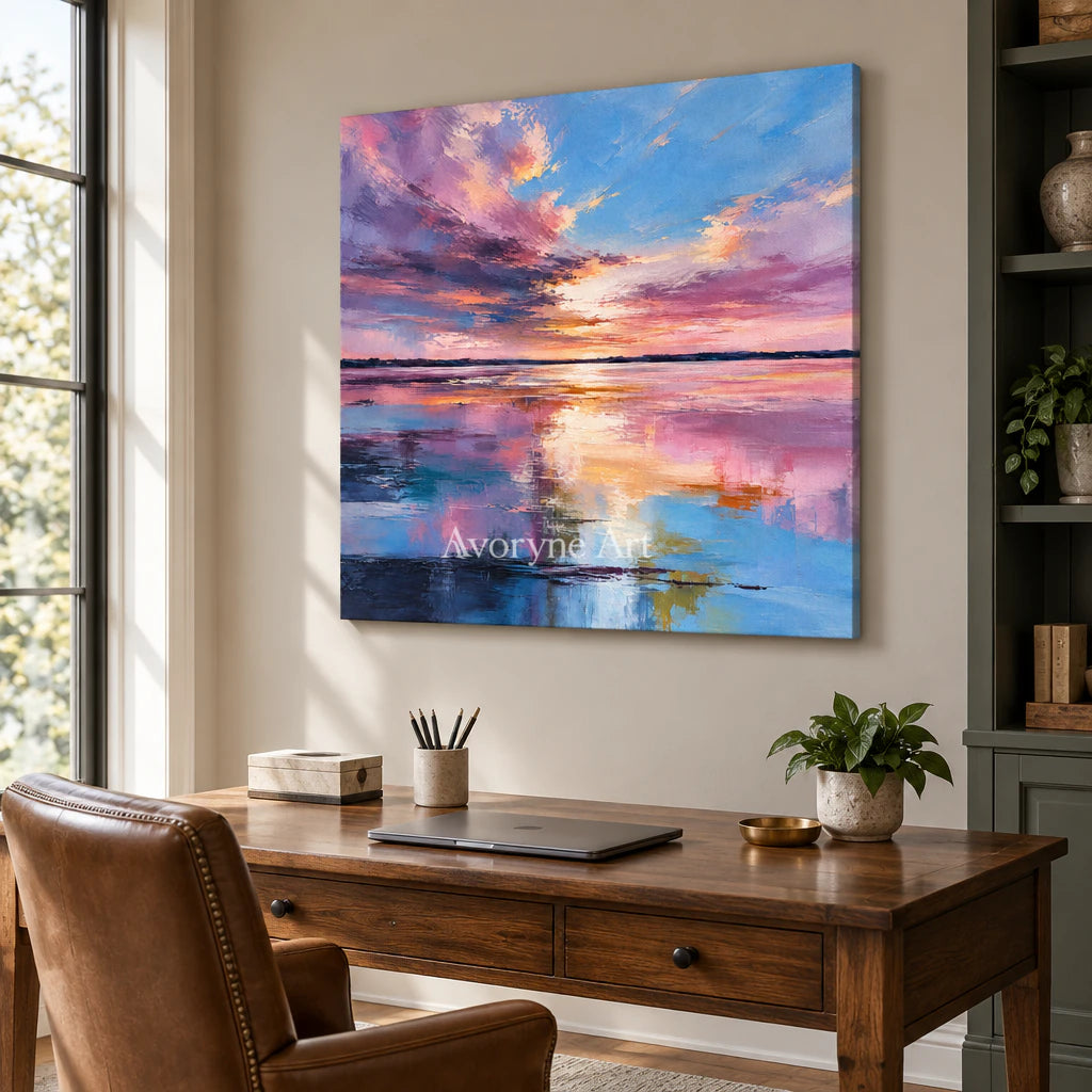 Rosewater Dusk: Impressionist Sunset Lake Wall Art — office frameless