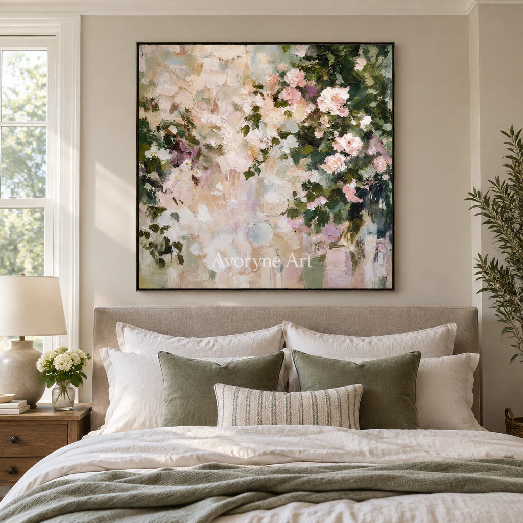 Petal Haze: Impressionist White Florals Wall Art — bedroom black