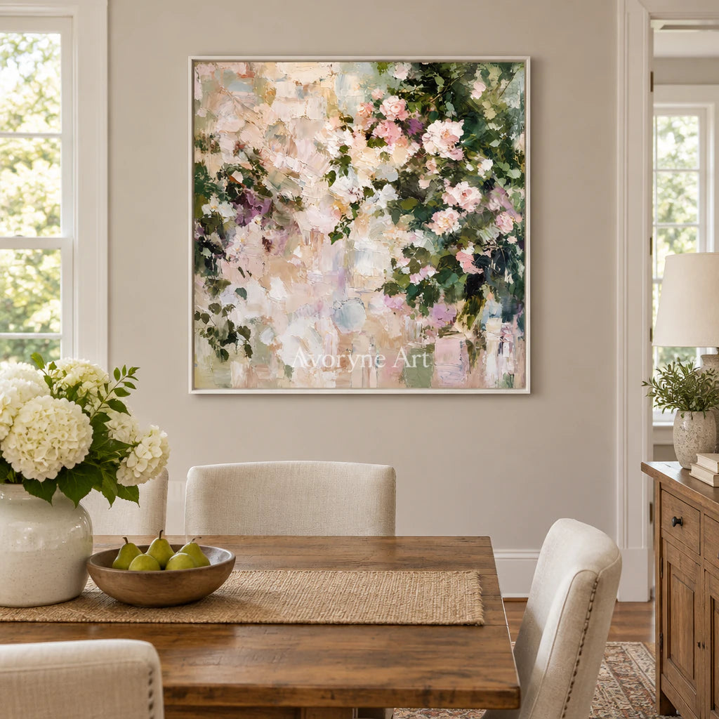 Petal Haze: Impressionist White Florals Wall Art — dining white
