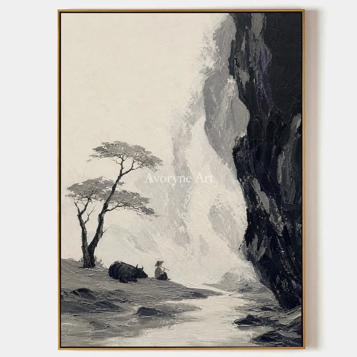 Misted Trace, hand-painted ink mountain pine wall art by Chen Wei