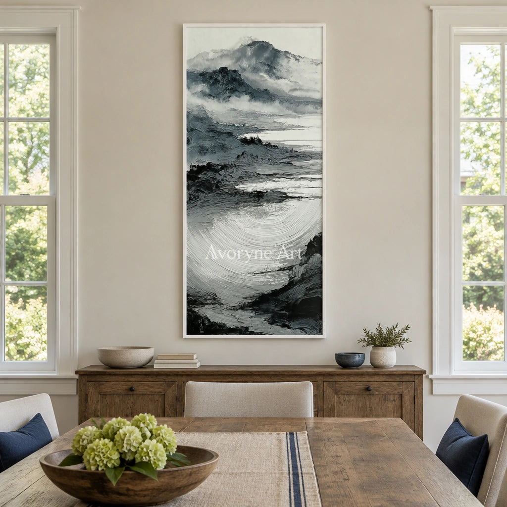 Pale Haven ink mountain water wall art with a white frame in a dining room
