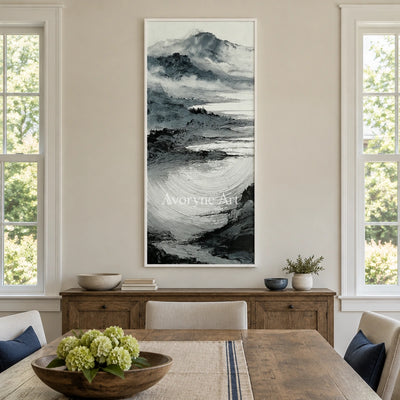 Pale Haven ink mountain water wall art with a white frame in a dining room