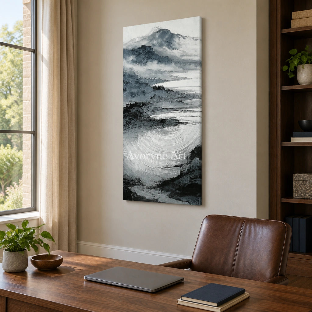 Pale Haven ink mountain water wall art as a frameless stretched canvas in a home office