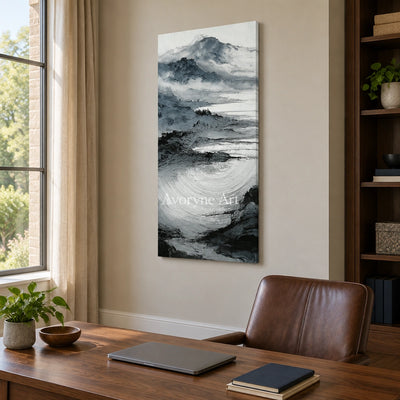 Pale Haven ink mountain water wall art as a frameless stretched canvas in a home office