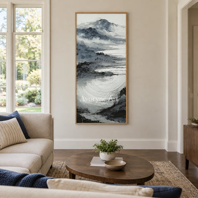 Pale Haven ink mountain water wall art with a wood frame in a villa living space