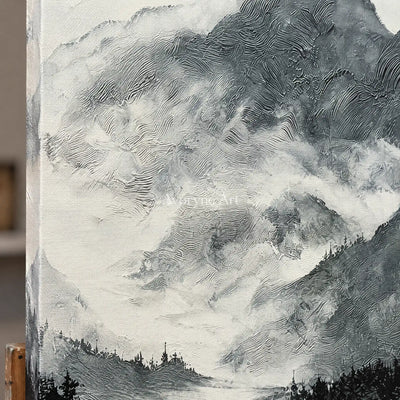 Close-up of the hand-painted texture of Pale Field ink mountain water wall art on an easel