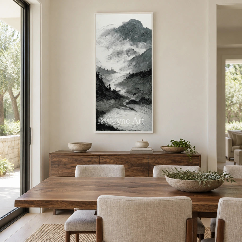 Pale Field ink mountain water wall art with a white frame in a dining room