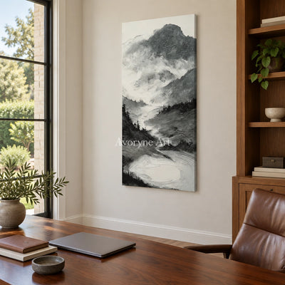 Pale Field ink mountain water wall art as a frameless stretched canvas in a home office