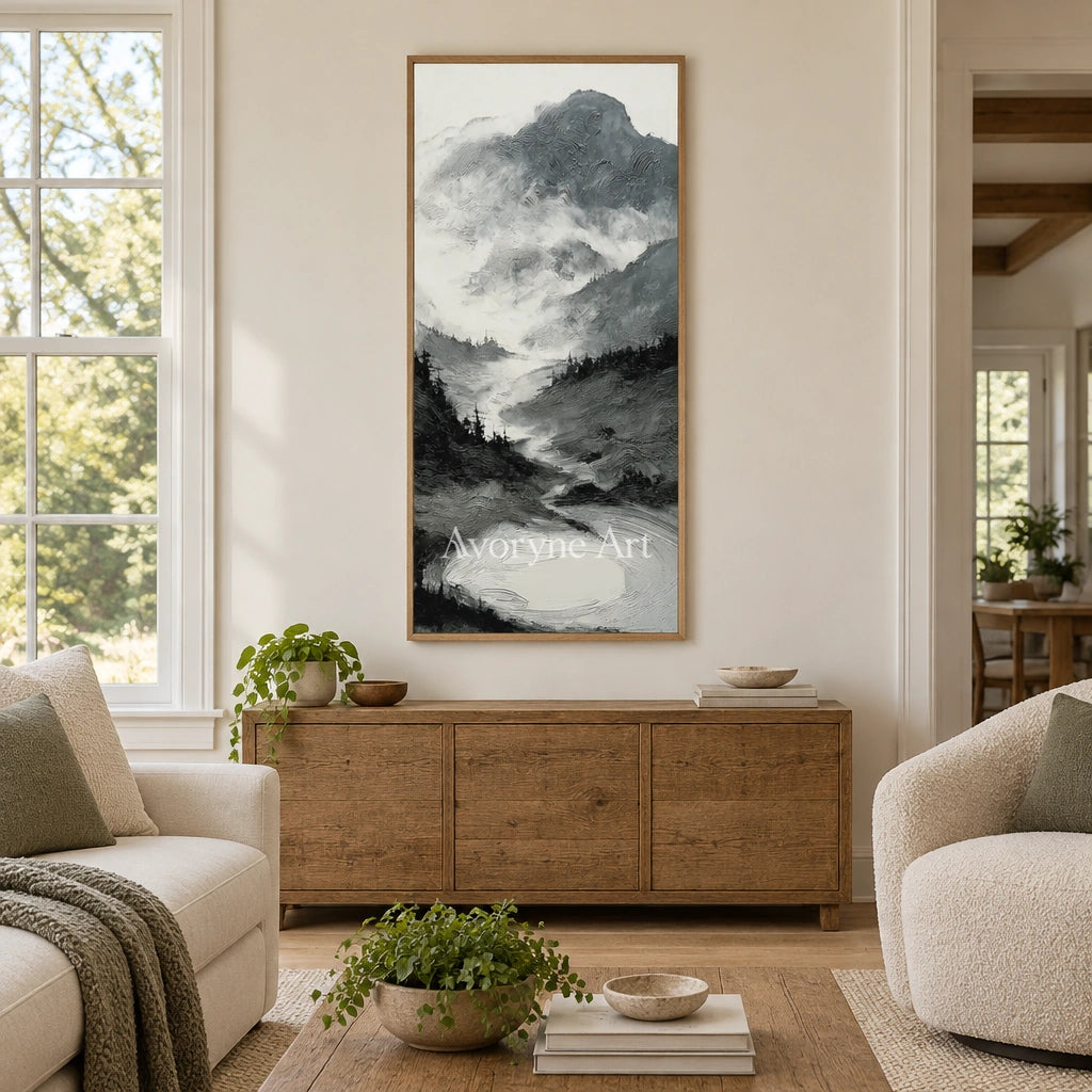 Pale Field ink mountain water wall art with a wood frame in a villa living space