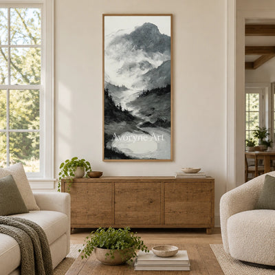 Pale Field ink mountain water wall art with a wood frame in a villa living space