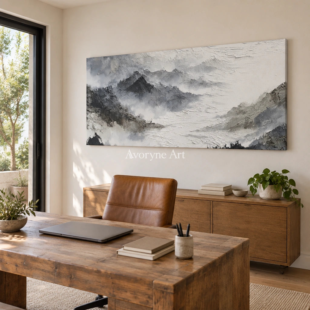 Pale Sonata ink mountain water wall art as a frameless stretched canvas in a home office