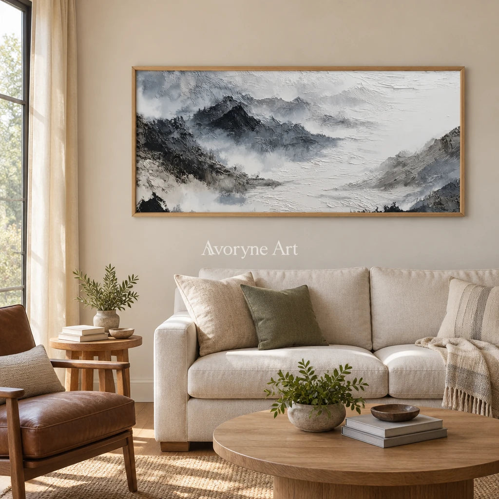 Pale Sonata ink mountain water wall art with a wood frame in a villa living space