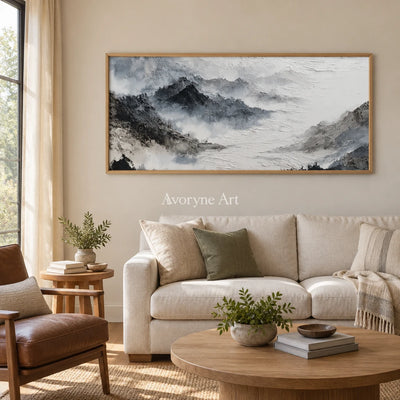 Pale Sonata ink mountain water wall art with a wood frame in a villa living space