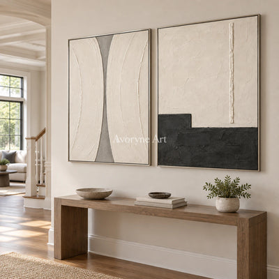 Measured Contrast: Ivory Abstract Diptych Wall Art — entry silver