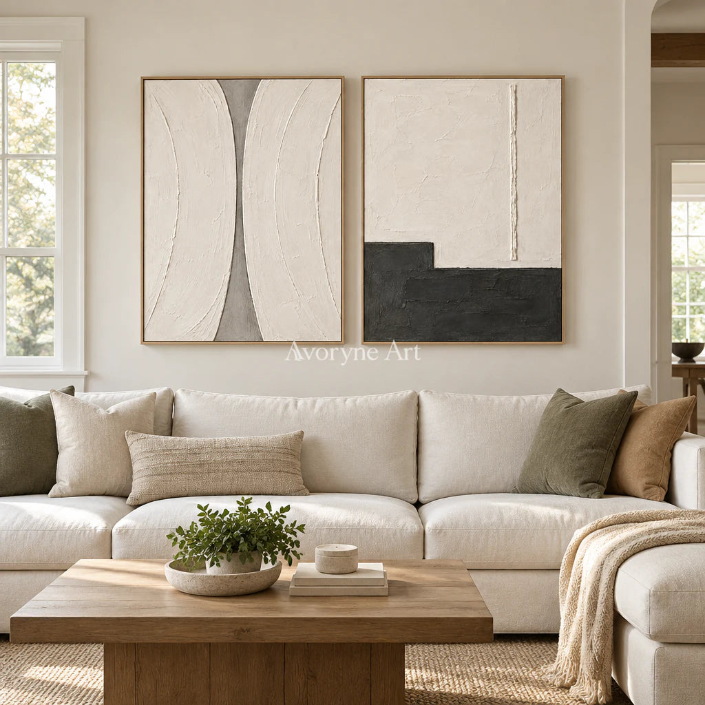 Measured Contrast: Ivory Abstract Diptych Wall Art — villa wood