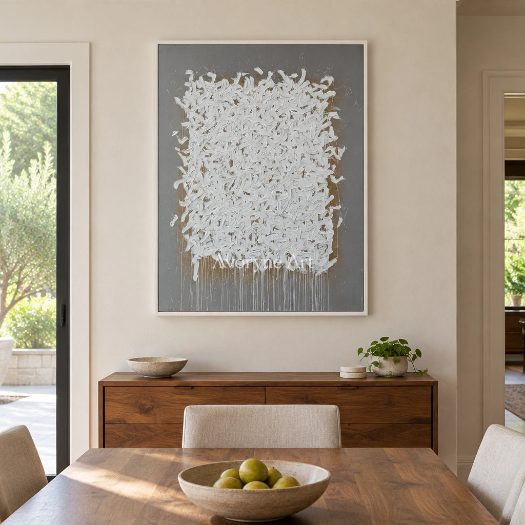 Lucent Field ivory curl relief wall art with a white frame in a dining room