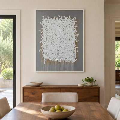 Lucent Field ivory curl relief wall art with a white frame in a dining room