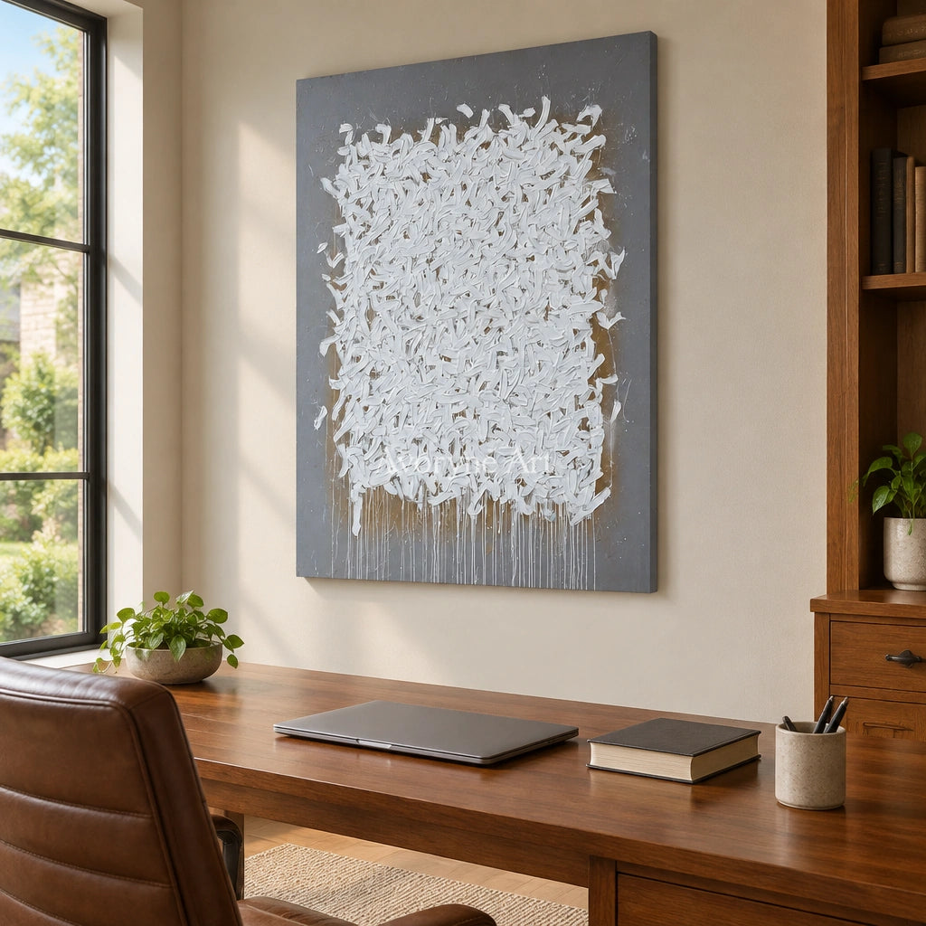 Lucent Field ivory curl relief wall art as a frameless stretched canvas in a home office