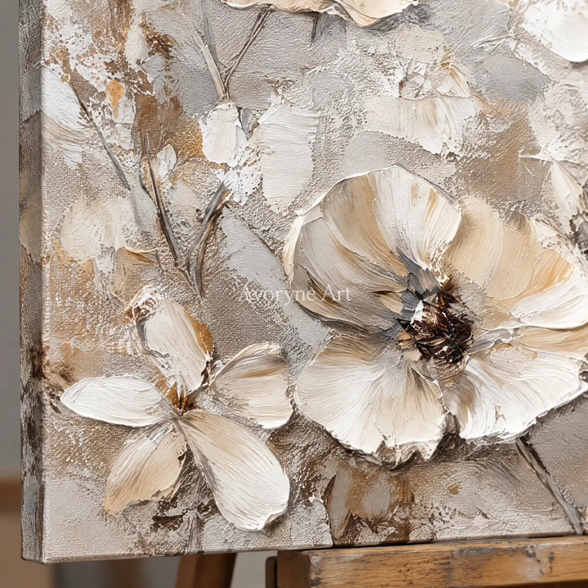 Aster Parcel: Ivory Floral Relief — detail easel