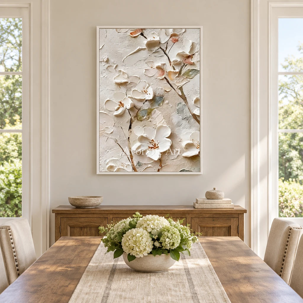 Aster Tide: Ivory Floral Relief — dining white