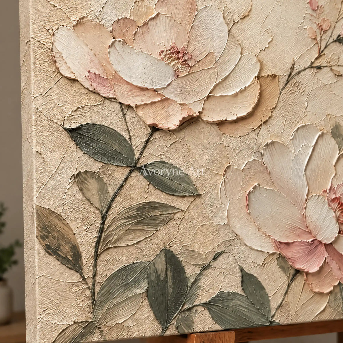 Blush Reverie: Ivory Floral Texture Art — detail easel
