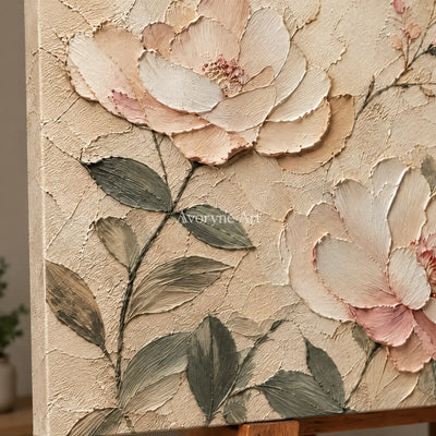 Blush Reverie: Ivory Floral Texture Art — detail easel