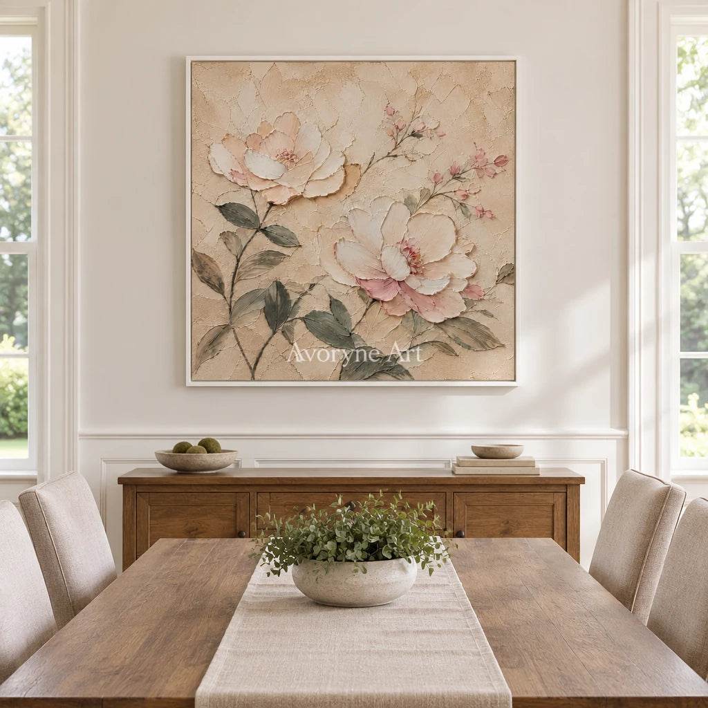 Blush Reverie: Ivory Floral Texture Art — dining white