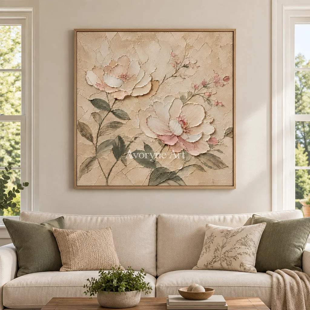 Blush Reverie: Ivory Floral Texture Art — villa wood