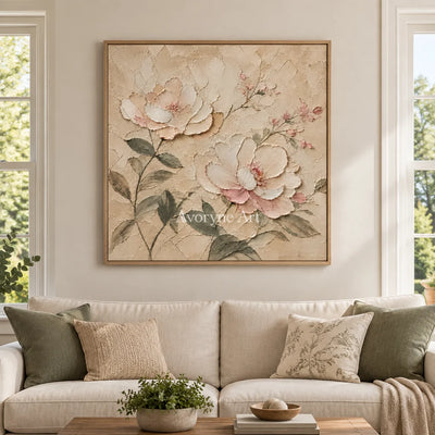 Blush Reverie: Ivory Floral Texture Art — villa wood