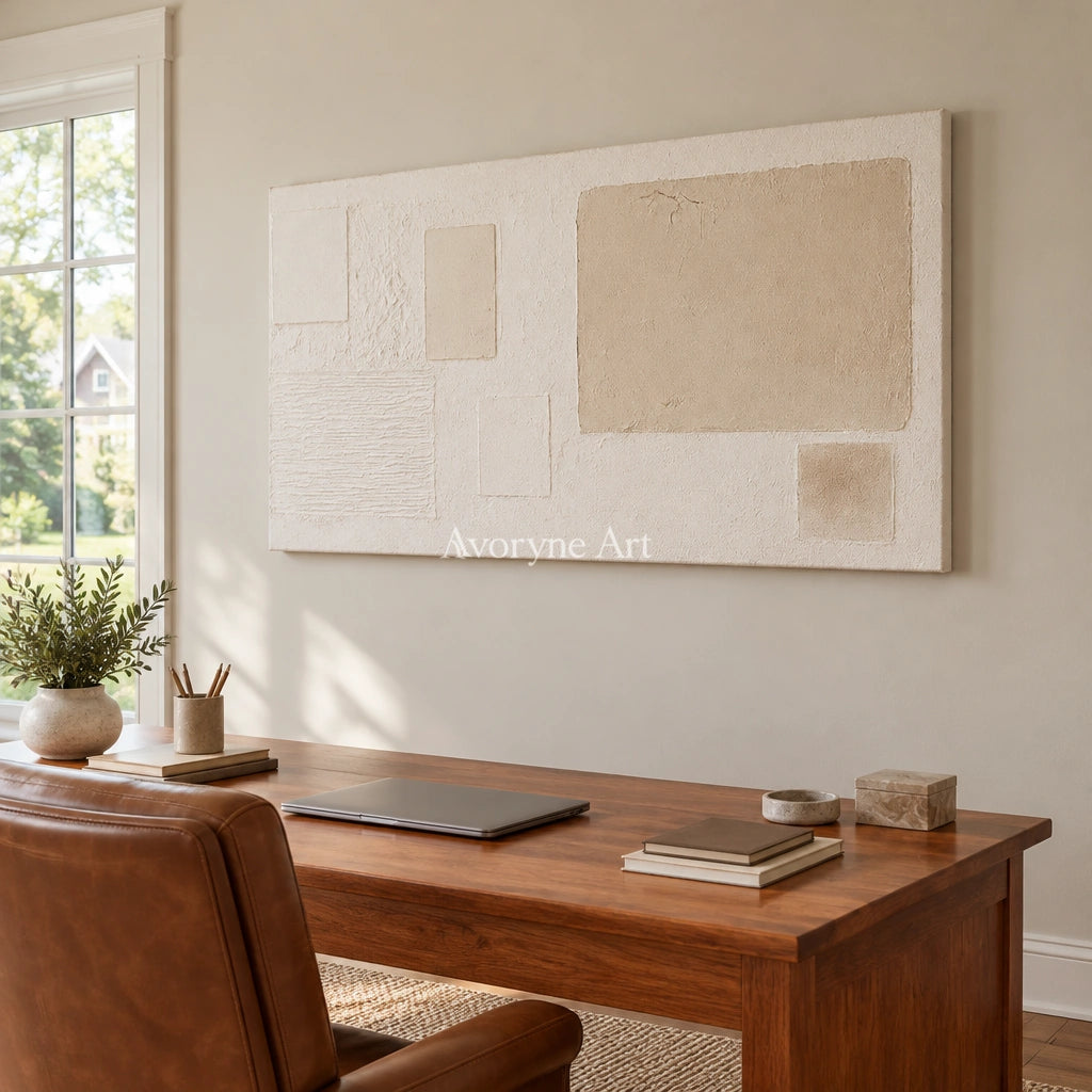 Woven Current ivory geometric art as a frameless stretched canvas in a home office