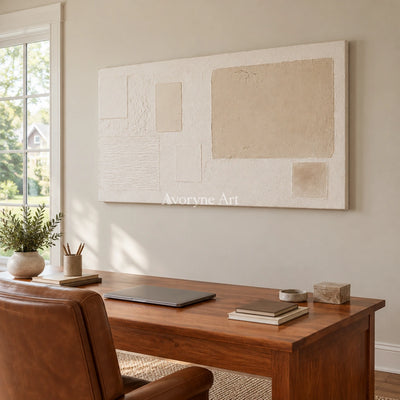 Woven Current ivory geometric art as a frameless stretched canvas in a home office