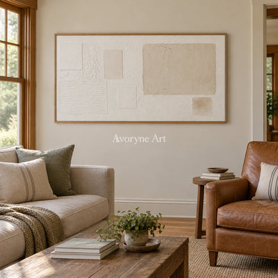 Woven Current ivory geometric art with a wood frame in a villa living space