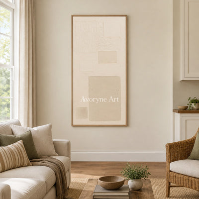 Woven Gesture ivory geometric art with a wood frame in a villa living space