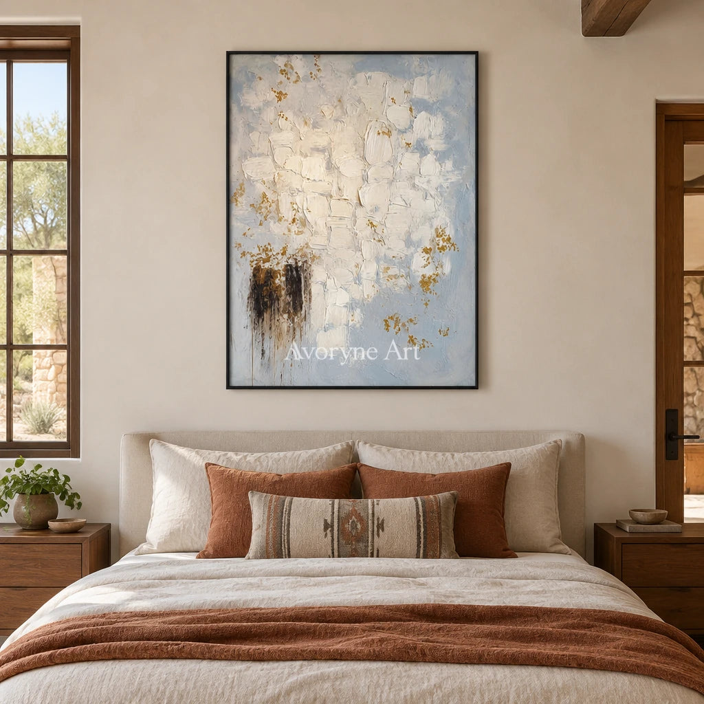 Gentle Haven ivory gold relief wall art with a black frame above a bed in a bedroom