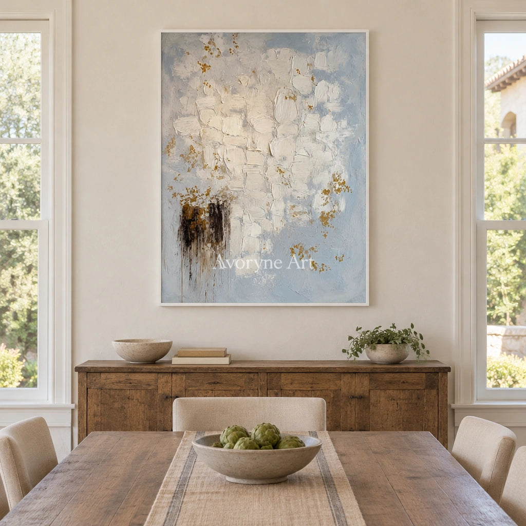 Gentle Haven ivory gold relief wall art with a white frame in a dining room