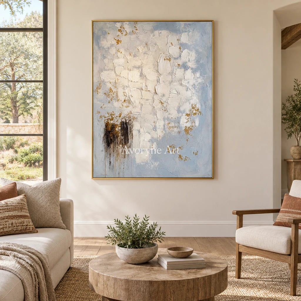 Gentle Haven ivory gold relief wall art with a gold frame hanging in a living room
