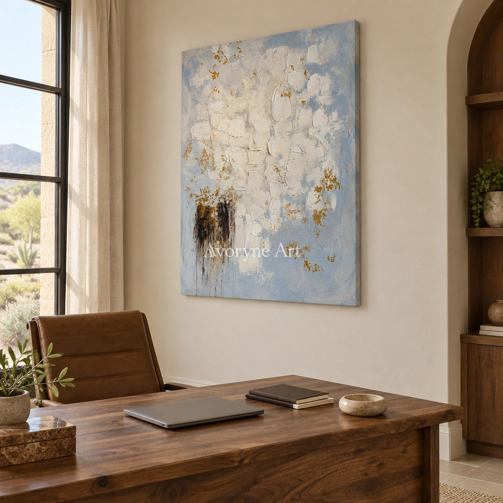 Gentle Haven ivory gold relief wall art as a frameless stretched canvas in a home office