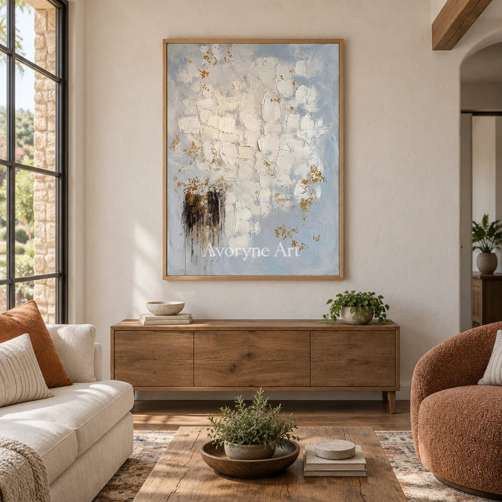 Gentle Haven ivory gold relief wall art with a wood frame in a villa living space