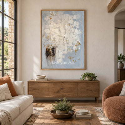 Gentle Haven ivory gold relief wall art with a wood frame in a villa living space
