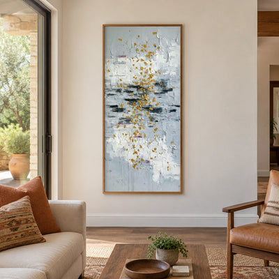 Gentle Measure ivory gold relief wall art with a wood frame in a villa living space