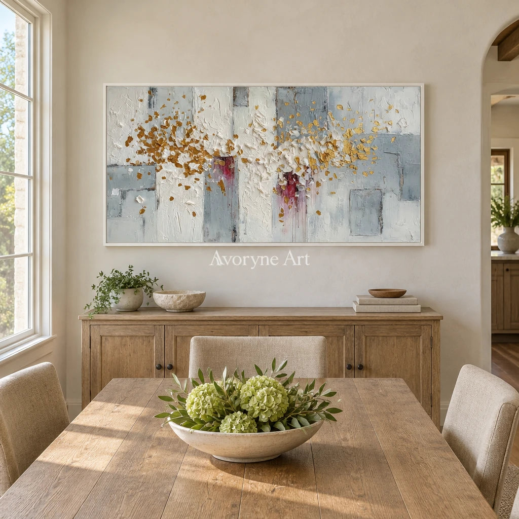 Gentle Sonata ivory gold relief wall art with a white frame in a dining room