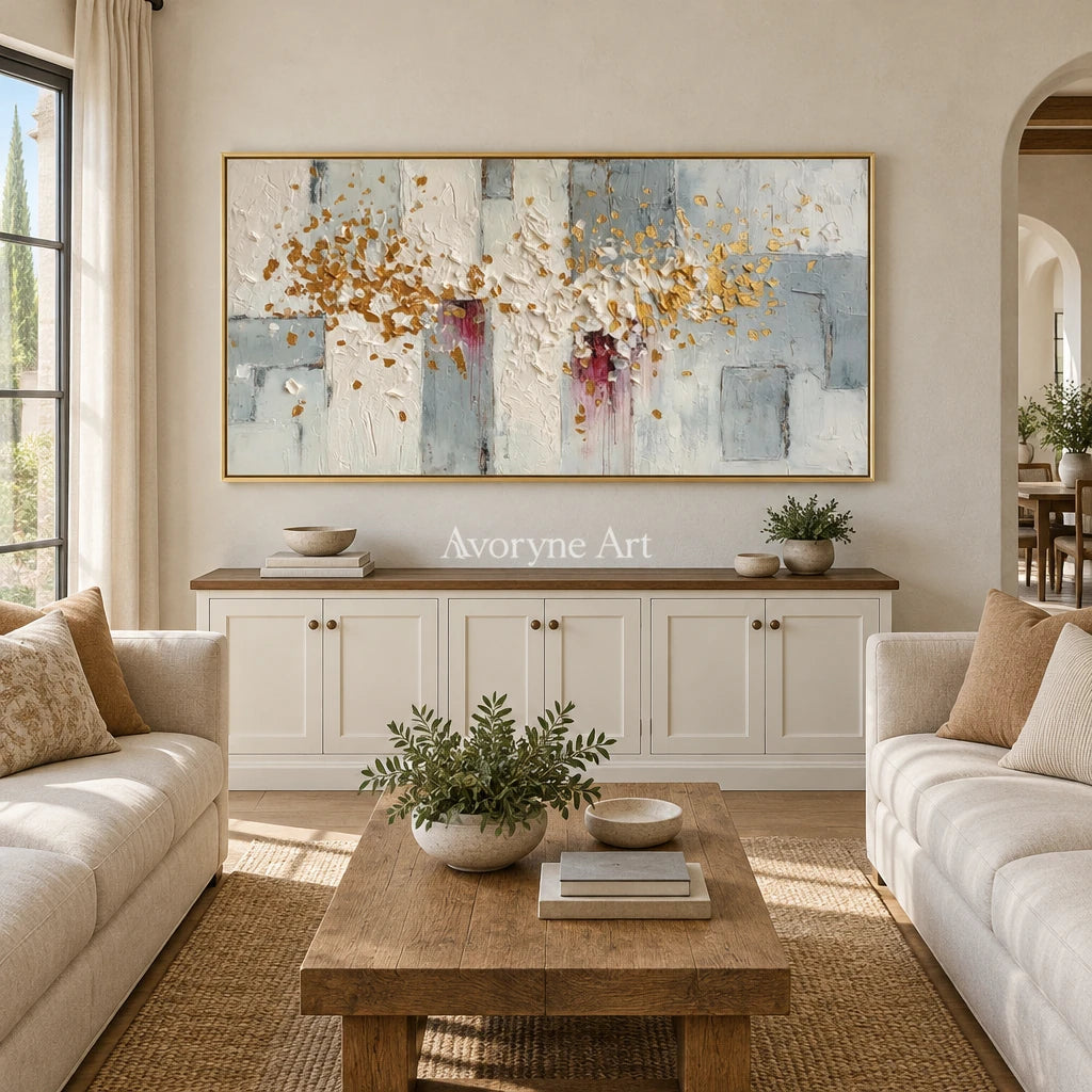 Gentle Sonata ivory gold relief wall art with a gold frame hanging in a living room