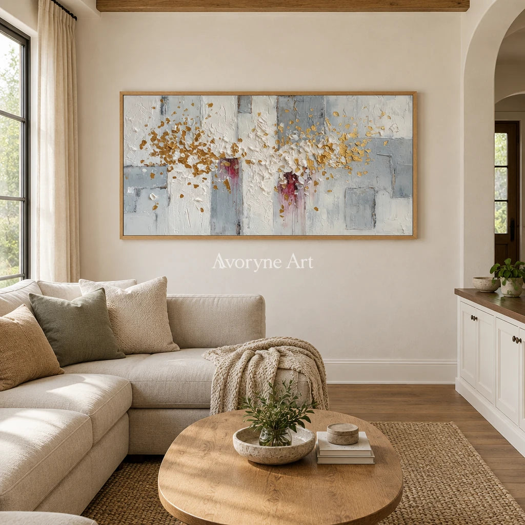 Gentle Sonata ivory gold relief wall art with a wood frame in a villa living space