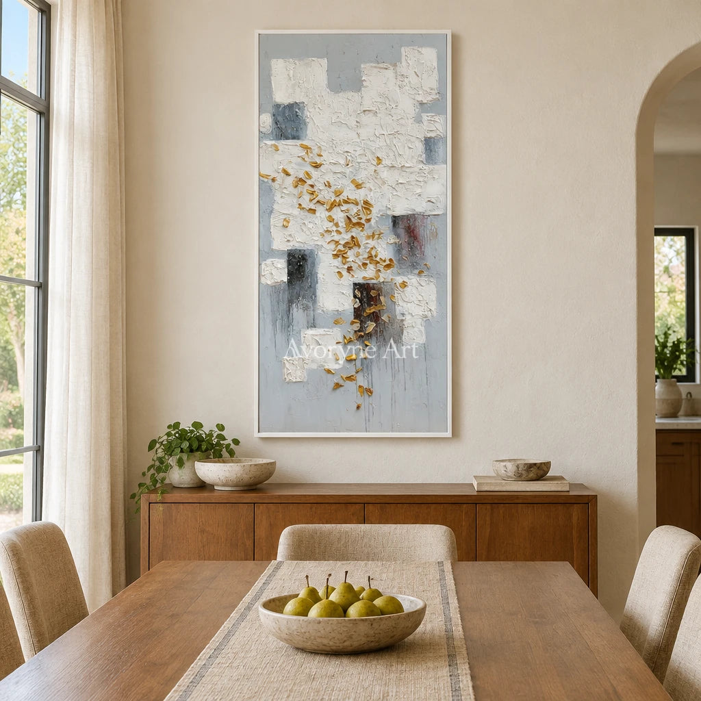 Lucent Refrain ivory gold relief wall art with a white frame in a dining room