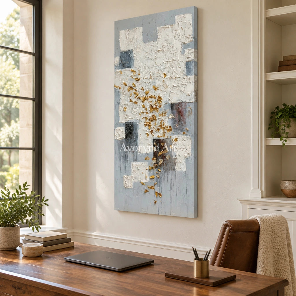 Lucent Refrain ivory gold relief wall art as a frameless stretched canvas in a home office