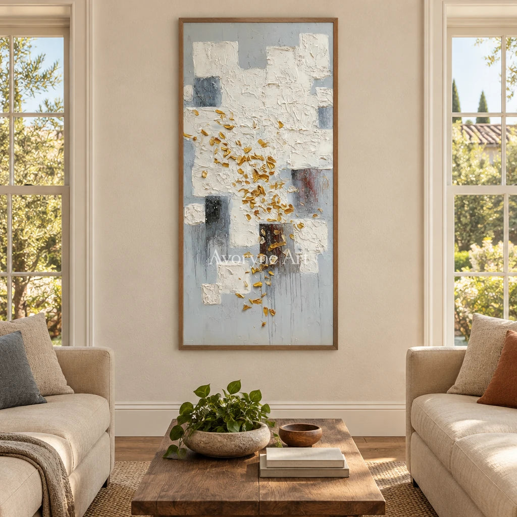 Lucent Refrain ivory gold relief wall art with a wood frame in a villa living space