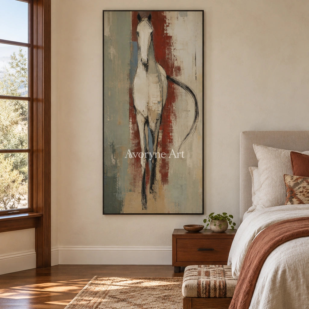 Woven Trace ivory horse art with a black frame above a bed in a bedroom